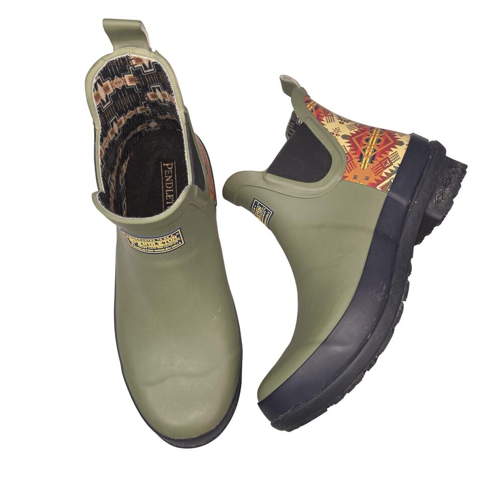Pendleton Rain Boots Womens 8 39 Green Rubber Ankle Pull On Aztec Outdoor Hike